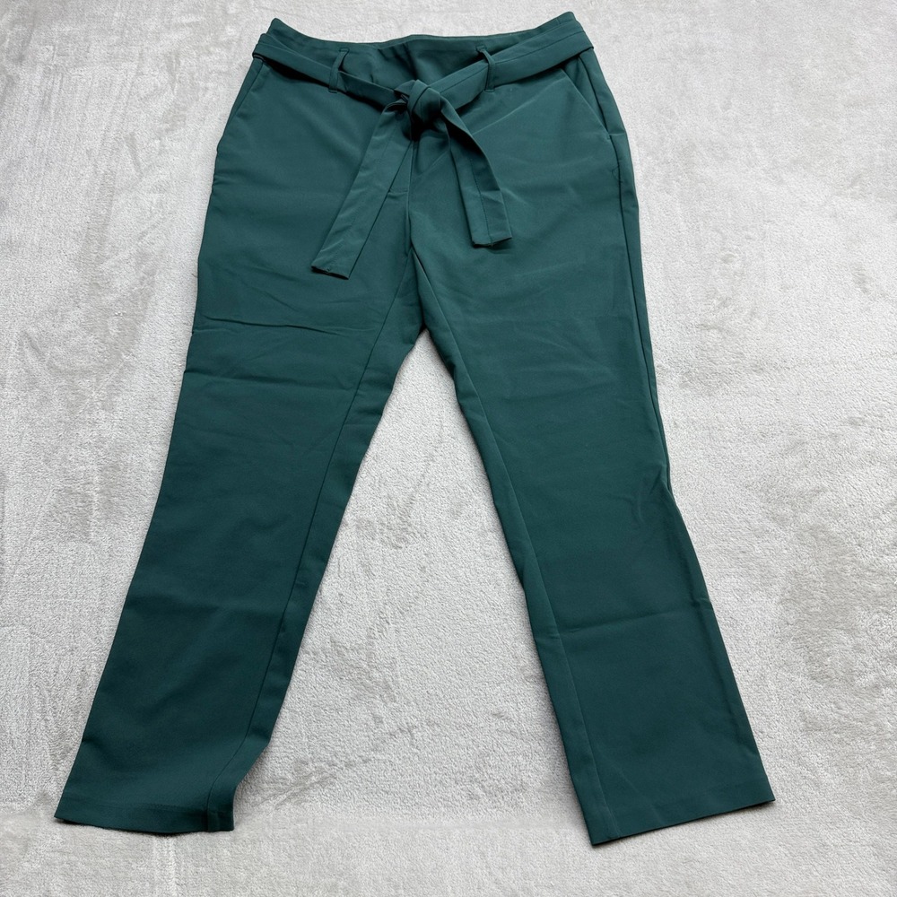 J&L Atelier Straight Leg Pants Women Large Green Tie Waist Stretch Preppy Office